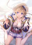  1girl barefoot belt beret blonde_hair blue_eyes breasts cleavage cucouroux_(granblue_fantasy) granblue_fantasy hat incoming_hug on_bed sitting skirt twintails wariza wide_sleeves ya99ru 