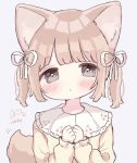  1girl :o ame_usako animal_ear_fluff animal_ears bangs banned_artist blush brown_dress brown_hair cherry_print collared_dress commentary_request dog_ears dog_girl dog_tail dress eyebrows_visible_through_hair food_print frilled_shirt_collar frills grey_background grey_eyes hair_ribbon hands_together hands_up long_sleeves looking_at_viewer original own_hands_together parted_lips ribbon short_twintails signature simple_background sleeves_past_wrists solo tail tail_raised twintails upper_body white_ribbon 