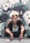  1boy absurdres black_pants bracelet golisopod guzma_(pokemon) highres jewelry katsu_(katsupainter) looking_at_viewer male_focus necklace pants pokemon pokemon_(creature) pokemon_(game) pokemon_sm shirt shoes short_hair short_sleeves smile solo squatting sunglasses tattoo team_skull watch white_footwear white_hair white_shirt wristwatch 