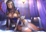  1girl arm_wrap bandaged_arm bandages bangs black_hair blue_armor breasts bridal_gauntlets circlet cleavage dark_skin fate/grand_order fate_(series) forehead_jewel jewelry large_breasts long_hair looking_at_viewer mokyumokyuchan pauldrons ring scheherazade_(fate/grand_order) solo 