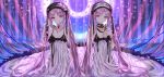  2girls absurdly_long_hair bangs breasts bug butterfly cleavage closed_mouth collarbone dress euryale fate/hollow_ataraxia fate_(series) frilled_dress frills highres insect jewelry long_dress long_hair looking_at_viewer multiple_girls necklace parted_bangs pink_hair purionpurion purple_eyes shiny shiny_hair siblings sisters sitting sleeveless sleeveless_dress small_breasts smile stheno very_long_hair white_dress 