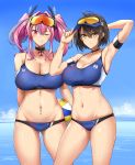  2girls adjusting_clothes adjusting_hat ahoge alternate_costume armband armpits arms_behind_back azur_lane baltimore_(azur_lane) bare_shoulders blush breasts bremerton_(azur_lane) brown_hair choker cleavage closed_mouth commentary cowboy_shot eyebrows_visible_through_hair eyewear_on_head friends hair_between_eyes harukon_(halcon) hat headgear highres large_breasts long_hair looking_at_viewer mole mole_on_breast multicolored_hair multiple_girls navel one_eye_closed pink_eyes pink_hair short_hair smile standing streaked_hair thighs toned two_side_up yellow_eyes 