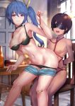  1boy 1girl areolae arms_behind_back bdsm beer_bottle beluga_dolphin black_bra black_collar black_panties blindfold blue_hair blue_shorts bondage bottle bound bound_wrists bra bra_pull breasts chair clothed_female_nude_male collar eyebrows_visible_through_hair femdom girls_frontline grin hair_ornament highres holding_leash implied_sex k11_(girls_frontline) leaning_forward light_rays long_hair looking_back medium_breasts navel nipples nude panties panty_pull purple_eyes red_rope rope shibari short_shorts shorts shorts_pull side_ponytail sitting smile smirk stomach table underwear window 