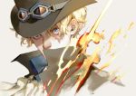  1boy ascot beige_background black_headwear blonde_hair blue_eyes covered_mouth fire goggles goggles_on_headwear hat high_collar linrereren looking_at_viewer male_focus one_piece sabo_(one_piece) scar short_hair simple_background solo upper_body white_neckwear 