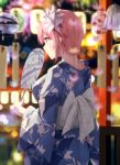  1girl bangs blue_eyes blue_kimono blurry blurry_background breasts commentary_request earrings eyebrows_visible_through_hair flower from_behind go-toubun_no_hanayome hair_flower hair_ornament haribote_(tarao) holding japanese_clothes jewelry kimono large_breasts nakano_ichika outdoors pink_hair short_hair summer_festival white_flower yukata 