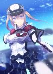  1girl artist_name bangs black_legwear blonde_hair blue_eyes breasts capelet celtic_knot commission day eyebrows_visible_through_hair graf_zeppelin_(kantai_collection) hair_between_eyes hat ittokyu kantai_collection long_hair long_sleeves military military_uniform outdoors pantyhose peaked_cap pouch skirt sky smile solo twintails uniform water 