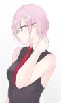  1girl bare_shoulders black_dress breasts commentary_request dress eyebrows_visible_through_hair fate/grand_order fate_(series) glasses hair_over_one_eye highres large_breasts mash_kyrielight necktie parusu_(ehyfhugj) purple_eyes red_neckwear short_hair simple_background solo upper_body white_background 