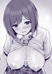  1girl after_paizuri bangs blush breasts breasts_outside collared_shirt cum cum_on_body cum_on_breasts cum_on_upper_body large_breasts leaning_forward looking_at_viewer monochrome necktie nijisanji nipples open_clothes open_mouth open_shirt shirt shizuka_rin short_hair short_sleeves skirt smile solo swept_bangs uni8 virtual_youtuber white_shirt 