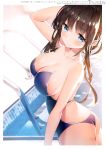  1girl absurdres ass ayamy bangs bare_arms bare_shoulders blurry blurry_background blush breasts cleavage eyebrows_visible_through_hair hair_ornament highres lips medium_breasts miyawaki_sana one_eye_closed original pool_ladder poolside shiny shiny_hair shiny_skin smile solo swimsuit thighs water x_hair_ornament 