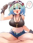  1girl :o ? adjustable_wrench aqua_eyes aqua_hair black_gloves black_tank_top blush breasts commentary_request covered_nipples crop_top denim denim_shorts eyebrows_visible_through_hair gloves goggles goggles_on_head hair_bobbles hair_ornament highres indian_style jewelry kamukamu_(ars) kawashiro_nitori key midriff navel necklace no_hat no_headwear open_mouth panties pantyshot partial_commentary short_shorts shorts simple_background sitting solo spoken_question_mark striped striped_panties tank_top touhou two_side_up unbuttoned underwear white_background wrench 