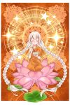  1girl ahoge bowl braid buddhism chopsticks closed_eyes closed_mouth commentary ekaki-ya_okamoto facing_viewer flower full_body highres holding holding_bowl holding_chopsticks kizuna_akari kneeling lily_pad long_hair lotus lotus_pedestal mandala orange_robe red_background robe silver_hair solo star sunburst twin_braids very_long_hair vocaloid voiceroid 