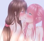  2girls bangs blue_eyes blush breasts brown_hair cleavage commentary_request cropped eye_contact eyebrows_visible_through_hair fingernails highres large_breasts long_hair looking_at_another multiple_girls naginagiwaffle nude original pink_hair pink_scrunchie portrait purple_eyes scrunchie tied_hair yuri 
