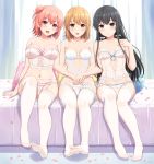  3girls :d :o absurdres bangs bare_arms bare_shoulders bed_sheet black_hair blonde_hair blue_eyes blush breasts bustier cleavage closed_mouth collarbone curtains eyebrows_visible_through_hair full_body garter_belt hair_bun hand_on_own_chest highres inanaki_shiki indoors isshiki_iroha long_hair looking_at_viewer medium_breasts multiple_girls navel on_bed open_mouth own_hands_together panties petals pillow purple_eyes short_hair side_bun sidelocks sitting sitting_on_bed small_breasts smile straight_hair strapless take_your_pick thighhighs underwear underwear_only very_long_hair white_legwear white_panties yahari_ore_no_seishun_lovecome_wa_machigatteiru. yellow_eyes yuigahama_yui yukinoshita_yukino 