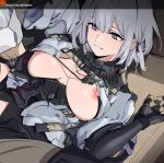  1girl bangs banssee black_gloves blunt_bangs breasts breasts_outside eyebrows_visible_through_hair girls_frontline gloves grin hair_between_eyes highres imminent_sex korean_commentary large_breasts lying nipples on_back purple_eyes rpk-16_(girls_frontline) short_hair silver_hair smile tactical_clothes 