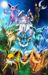  :3 absurdres blue_eyes brown_eyes closed_mouth eevee eeveelutions electricity espeon fire flareon gen_1_pokemon gen_2_pokemon gen_4_pokemon gen_6_pokemon glaceon grass highres ice jolteon leaf leafeon looking_at_another looking_at_viewer moon nature no_humans open_mouth pokemon pokemon_(creature) pokurimio purple_eyes red_eyes running sky smile sun sylveon umbreon vaporeon walking water 