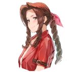  1girl aerith_gainsborough belt belt_buckle blush breasts brown_hair buckle closed_mouth commentary_request eyelashes final_fantasy final_fantasy_vii forehead from_side green_eyes hair_intakes hair_tubes iku_(ikuchan_kaoru) jacket long_hair looking_at_viewer looking_to_the_side medium_breasts open_clothes open_jacket ponytail red_jacket short_sleeves sidelocks simple_background smile solo tri_drills upper_body white_background 
