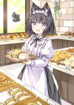  1girl :d animal_ear_fluff animal_ears apron bakery black_bow black_hair black_skirt blush bow bread brick_wall cat_ears commentary_request day fang food frilled_apron frills holding holding_tray indoors juliet_sleeves komugi_(wataame27) long_sleeves looking_at_viewer maid_headdress open_mouth original puffy_sleeves purple_eyes sandwich shirt shop skirt smile solo translation_request tray wataame27 white_apron white_shirt window 