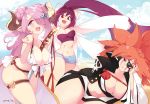  3girls abs amputee baiken between_breasts big_hair breasts bustier chin_rest cleavage commission crossover day double_bun draph eyepatch granblue_fantasy guilty_gear guilty_gear_xrd hair_intakes hair_ornament hair_over_one_eye highres huge_breasts katana large_breasts leaf_hair_ornament long_hair lying multiple_crossover multiple_girls narmaya_(granblue_fantasy) ocean on_side one-eyed pink_hair ponytail purple_hair red_eyes red_hair rtil short_shorts shorts smile sword thick_thighs thighs under_night_in-birth very_long_hair weapon yuzuriha_(under_night_in-birth) 