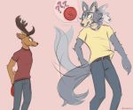  2020 ? anthro antlers beastars belt bottomwear brown_body brown_fur canid canine canis cervid clothed clothing duo frisbee fully_clothed fur grey_body grey_fur horn lawyerdog legoshi_(beastars) looking_at_another louis_(beastars) male mammal pants pink_background shirt simple_background smile t-shirt topwear wolf 