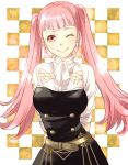  1girl arms_behind_back belt closed_mouth fire_emblem fire_emblem:_three_houses garreg_mach_monastery_uniform hilda_valentine_goneril long_hair one_eye_closed pink_eyes pink_hair smile solo twintails uniform upper_body usachu_now 