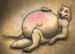  2018 abdominal_bulge anthro belly big_belly blush canid canine canis claws exhausted eyes_closed female hand_on_stomach hyper hyper_belly lupamcrescent lying mammal navel on_back outie_navel pregnant signature simple_background solo wolf 