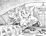  &lt;3 &lt;3_eyes ambiguous_gender angela_cross anthro big_breasts breast_rest breasts city clank cleavage clothed clothing dirty engine female gloves grease group handwear lombax looking_at_breasts machine male mammal mechanic monochrome ogling omegasunburst ratchet ratchet_and_clank robot shirt sketch tank_top tools topwear video_games wet_breasts wrench 