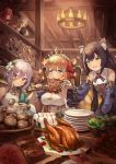 5girls :3 animal_ear_fluff animal_ears antenna_hair baby_bottle basket beer_mug black_hair blonde_hair blue_eyes blush bottle bread bread_bun breasts cat_ears cat_girl chair character_request chicken_(food) cleavage closed_mouth commentary_request cup detached_sleeves disgust dress eating elf fangs fish flower food food_on_face food_on_finger frown green_eyes hair_between_eyes hair_flower hair_ornament hair_ribbon hanging_light heart heart-shaped_pupils highres holding holding_cup holding_food inn kebab kokkoro_(princess_connect!) kyaru_(princess_connect) large_breasts long_hair looking_away low_twintails meat moutama mug multicolored_hair multiple_girls onigiri open_mouth orange_hair pecorine pink_eyes plate pointy_ears princess_connect! princess_connect!_re:dive puffy_short_sleeves puffy_sleeves purple_eyes reaching_out red_hair red_ribbon ribbon salad short_sleeves silver_hair skewer sleeveless sleeveless_dress smile sparkle streaked_hair sweatdrop symbol-shaped_pupils table tiara tomato twintails unfinished wavy_mouth wooden_chair wooden_table 