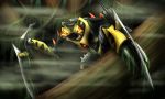  ambiguous_gender armor arthropod bionicle bitil claws detailed_background digital_drawing_(artwork) digital_media_(artwork) fog hi_res humanoid lego machine makuta mandibles mask monster not_furry outside pointed_feet red_eyes robot scorpion-strike simple_background solo spikes swamp toe_claws tree water yellow_body 