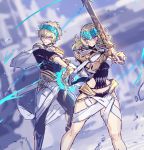  1boy 1girl bangs black_shirt blonde_hair blue_eyes blurry blurry_background bracelet bracer breasts brother_and_sister castor_(fate/grand_order) chakram collar diadem fate/grand_order fate_(series) highres jewelry looking_to_the_side medium_hair melon22 metal_collar pauldrons pollux_(fate/grand_order) shirt short_hair siblings small_breasts smile sword thighs twins weapon white_robe 