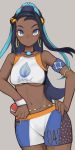  1girl :&lt; armlet bare_shoulders black_hair blue_eyes blue_eyeshadow blue_hair breasts closed_mouth cowboy_shot dark_skin earrings eyeshadow ginji74 grey_background gym_leader hand_on_hip highres holding holding_poke_ball hoop_earrings jewelry long_hair looking_at_viewer makeup medium_breasts multicolored_hair necklace number poke_ball poke_ball_(generic) pokemon pokemon_(game) pokemon_swsh rurina_(pokemon) solo swimsuit tankini two-tone_hair underboob very_long_hair wristband 