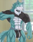  anthro blue_body blue_fur brand_new_animal bulge canid canine canis clothing collar fur hi_res male mammal muscular muscular_male shirou_ogami solo studio_trigger thong underwear white-snow-wolf wolf 