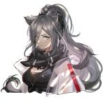  1girl animal_ear_fluff animal_ears arknights bangs black_scarf breasts cat_ears eyebrows_visible_through_hair grey_eyes grey_hair highres jacket long_hair long_ponytail looking_at_viewer medium_breasts open_clothes open_jacket ponytail scarf schwarz_(arknights) simple_background solo tomato_omurice_melon upper_body white_background white_jacket 