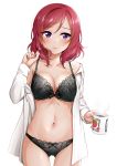  1girl black_bra black_panties bra breasts closed_mouth coffee collarbone commentary_request cup eyebrows_visible_through_hair hand_up holding holding_cup love_live! love_live!_school_idol_project medium_breasts navel nishikino_maki open_clothes open_shirt panties purple_eyes red_hair shirt short_hair simple_background solo suzume_miku underwear white_background white_shirt 