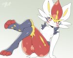  3_toes anthro big_butt blush breasts butt cinderace featureless_breasts featureless_crotch female looking_at_viewer nintendo pawpads paws pok&eacute;mon pok&eacute;mon_(species) simple_background smile solo syourinbonzu toes video_games 