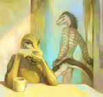  5_fingers anthro anus backsack balls bottomless clothed clothing cup digital_media_(artwork) duo fingers furniture genitals inside klongi lizard looking_back male reptile scalie sitting smile table 