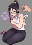  1girl 2020 agawa_ryou annoyed bare_shoulders black-framed_eyewear black_hair blush breasts cleavage commentary covering covering_breasts dated disembodied_limb glasses grey_background original ponytail seiza signature simple_background sitting spoken_x sweatdrop thick_thighs thighs 