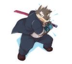  anthro armwear blue_bottomwear blue_clothing blue_pants bottomwear brown_clothing brown_footwear brown_shoes canid canine canis clothing domestic_dog footwear fur grey_body grey_fur jacket lower male mammal melee_weapon moritaka open_mouth pants scar shirt shoes simple_background solo sword teeth tokyo_afterschool_summoners topwear video_games weapon white_background white_clothing white_shirt white_topwear 