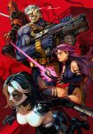  2boys 2girls belt_pouch black_hair bodysuit cable_(marvel) deadpool domino_(marvel) gun hankuri holding holding_gun holding_weapon leg_belt leotard looking_up marvel mask multiple_boys multiple_girls pouch psylocke purple_hair red_background short_hair sword thighhighs weapon weapon_on_back 