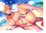  1girl absurdres bare_shoulders barefoot beach blonde_hair blue_eyes blue_sky breasts cloud cloudy_sky day highres huge_filesize large_breasts leg_up ocean outdoors sanshoku_amido shiny shiny_skin short_hair sky solo swimsuit thighs water 