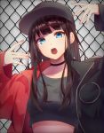  1girl bangs black_choker black_hair black_jacket black_shirt choker collarbone commentary_request eyebrows_visible_through_hair highres jacket long_sleeves open_mouth original pink_nails red_jacket shikura_s shirt solo two-tone_jacket upper_teeth 