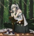  1girl antlers arknights black_gloves black_legwear breasts chinese_commentary closed_mouth crossed_legs day dress expressionless eyebrows_visible_through_hair firewatch_(arknights) forest full_body gloves green_shorts hair_between_eyes hair_flaps hairband harmonica highres instrument light_rays long_hair looking_at_viewer medium_breasts nature off-shoulder_dress off_shoulder outdoors pantyhose shoe_removed shoes shorts silver_hair single_shoe sitting sitting_on_tree_stump sleeveless solo sunlight thighs wenzheng147 white_dress yellow_eyes 