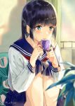 1girl bangs black_hair blue_sailor_collar blue_skirt blurry blurry_foreground blush character_request coffee_wo_shizuka_ni commentary_request cup curtains depth_of_field eyebrows_visible_through_hair floral_print green_eyes holding holding_cup indoors knees_up long_sleeves looking_away looking_to_the_side miyabi_akino mole mole_under_eye parted_lips pillow plant pleated_skirt sailor_collar school_uniform serafuku shirt sitting skirt solo steam sunrise twitter_username white_shirt window 
