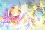  1girl 888myrrh888 bangs blush braid colorful eyebrows_visible_through_hair grin hair_between_eyes hair_ribbon hands_in_hair ivy lantern long_hair looking_at_viewer multicolored multicolored_hair original ribbon side_braid smile solo upper_body yellow_eyes 