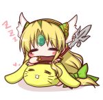  1girl =_= bangs blonde_hair blush_stickers bow bridal_gauntlets chibi closed_eyes commentary_request copyright_request eyebrows_visible_through_hair facing_viewer forehead_jewel full_body green_bow green_hairband hair_bow hairband holding holding_spear holding_weapon komakoma_(magicaltale) long_hair parted_bangs polearm shadow sleeping spear very_long_hair weapon white_background zzz 