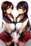  2girls agano_(kantai_collection) aqua_eyes black_hair black_legwear breast_press breasts brown_hair collarbone garter_straps gloves highres holding_hands kantai_collection kyouya_(mukuro238) large_breasts long_hair looking_at_viewer miniskirt multiple_girls noshiro_(kantai_collection) pleated_skirt school_uniform serafuku skirt smile standing symmetrical_docking thighhighs white_background white_gloves 