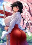  1girl absurdres ass bangs black_hair blue_sky breasts broom bush cherry_blossoms closed_mouth cloud cloudy_sky cover cover_page covered_nipples day doujin_cover eyebrows_visible_through_hair grass green_eyes highres holding holding_broom huge_breasts japanese_clothes long_hair long_skirt long_sleeves looking_at_viewer looking_back miko original outdoors pantylines red_skirt sanshoku_amido shiny shiny_hair skirt sky smile solo tree wide_sleeves 