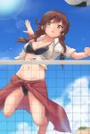  1girl :&lt; ball bangs bare_shoulders beach_volleyball beachball bikini black_bikini blue_sky blurry braid breasts brown_hair cleavage cloud collarbone day depth_of_field full_body green_eyes highres jumping k_jie kantai_collection lens_flare medium_breasts navel noshiro_(kantai_collection) outdoors red_sarong sarong shirt sky solo spiking swept_bangs swimsuit tied_shirt triangle_mouth twin_braids volleyball_net white_shirt 