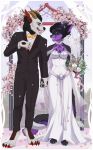  anthro barefoot black_hair breasts canid canine canis cherry_blossom clothing costume demon domestic_dog dress duo fangs female fur hair hi_res horn kitty_silence love male male/female mammal paws plant purple_body purple_fur romantic_ambiance romantic_couple sakura scales wedding wedding_dress wolf 