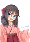  1girl alternate_hairstyle asashio_(kantai_collection) bespectacled black_hair blue_eyes bow comiching commentary_request cosplay drill_hair glasses green-framed_eyewear hair_bow hakama harukaze_(kantai_collection) harukaze_(kantai_collection)_(cosplay) highres japanese_clothes kantai_collection meiji_schoolgirl_uniform open_mouth pink_hakama red_bow sleeves_past_wrists smile solo twin_drills twitter_username upper_body 