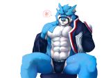  abs anthro black_clothing black_underwear blue_body blue_eyes blue_fur blush bodily_fluids canid canine canis clothed clothing doggie_kruger domestic_dog fur grey_eyes jacket lower male mammal muzzle_(object) partially_clothed power_rangers simple_background sitting solo speech_bubble sweat topwear underwear white_background white_body white_fur 
